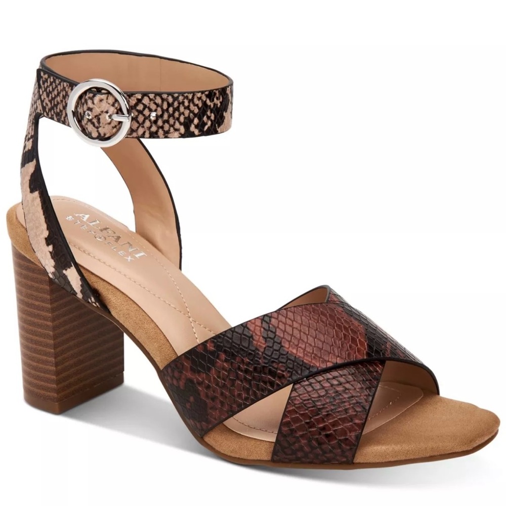 Alfani Women’s IRINNA Brown Snake Skin Sandal, Brand New! Size 9.